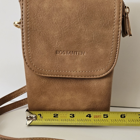 Bostanten Smooth Tan Genuine Leather Crossbody Bag 3 Compartment Travel - Picture 2 of 7